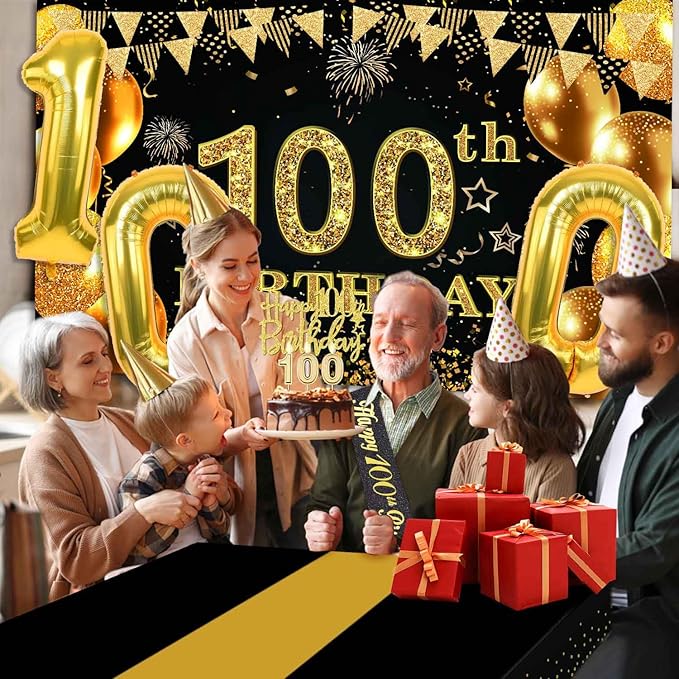 100th Birthday Decorations Men Women with 100th Birthday Banner, Black and Gold Table Cloth, Number Balloons, Large Sash,Cake Topper and Candles