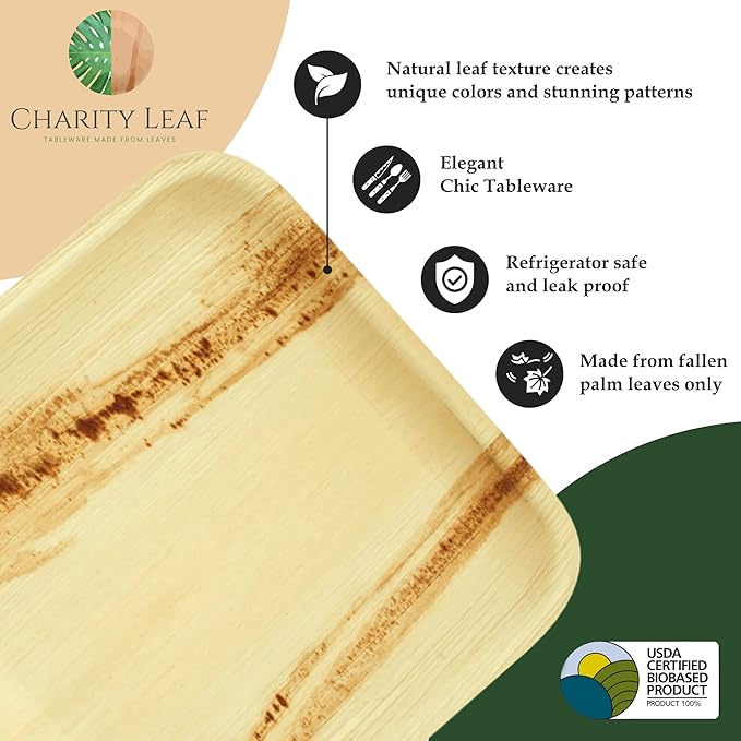 Charity Leaf Disposable Palm Leaf 4" Mini Appetizer Square Plates (200 pieces) Bamboo Like Serving Platters, Disposable Boards, Eco-Friendly Dinnerware For Weddings, Catering, Events
