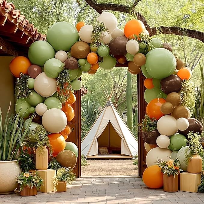 Green Brown Orange Balloon Garland Double Stuffed Sage Green White Sand Cream Balloon Arch Kit for Birthday Baby Shower Dinosaur Woodland Wild One Party Decorations
