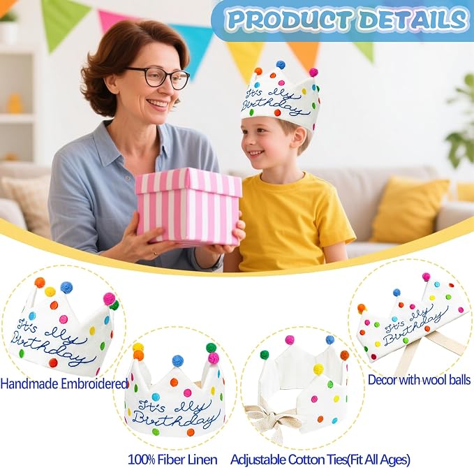 Personalized Hand Embroidered Birthday Hats Unique Happy Birthday Crowns Cute Party Hat for Boy Girl Fit All Ages