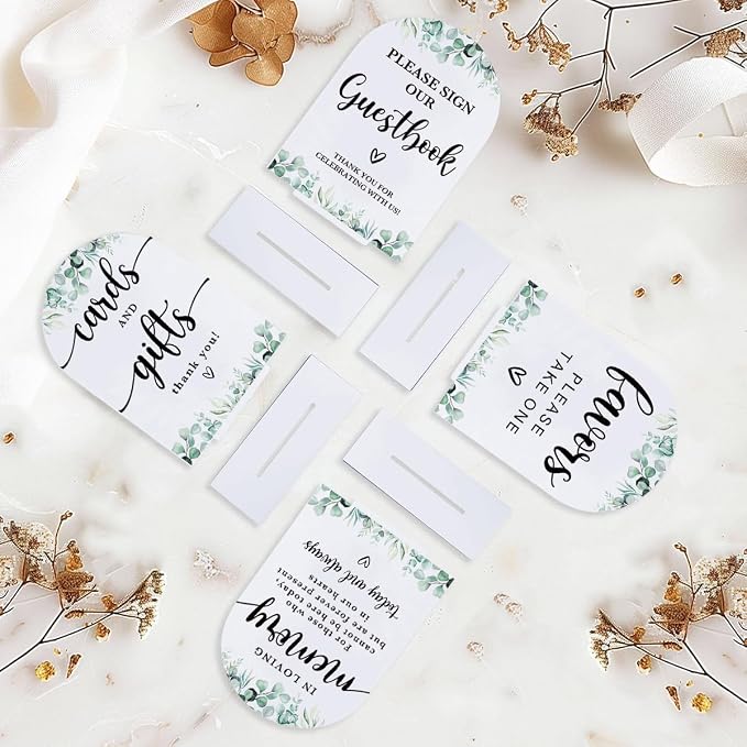 4 Pcs Acrylic Wedding Signs for Reception, Bridal Shower Decorations, Cards and Gifts Signs, Guest Book Sign, Arch Acrylic Table Top Sign with Holder for Wedding Reception (White Eucalyptus Leaves)