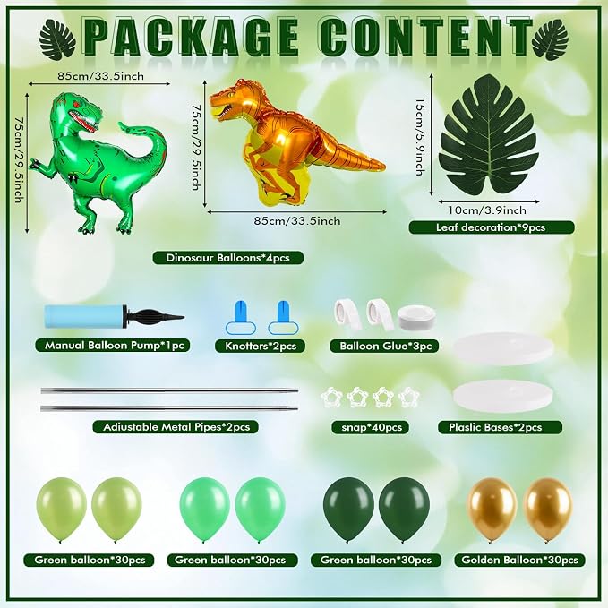 2 Sets Dinosaur Balloon Column Stand Kits Adjustable Green Gold Balloons Column Kit with Monstera Jungle Dinosaur Themed Tower Stand Kit for Dinosaurs Birthday Kids Baby Shower Party Supplies