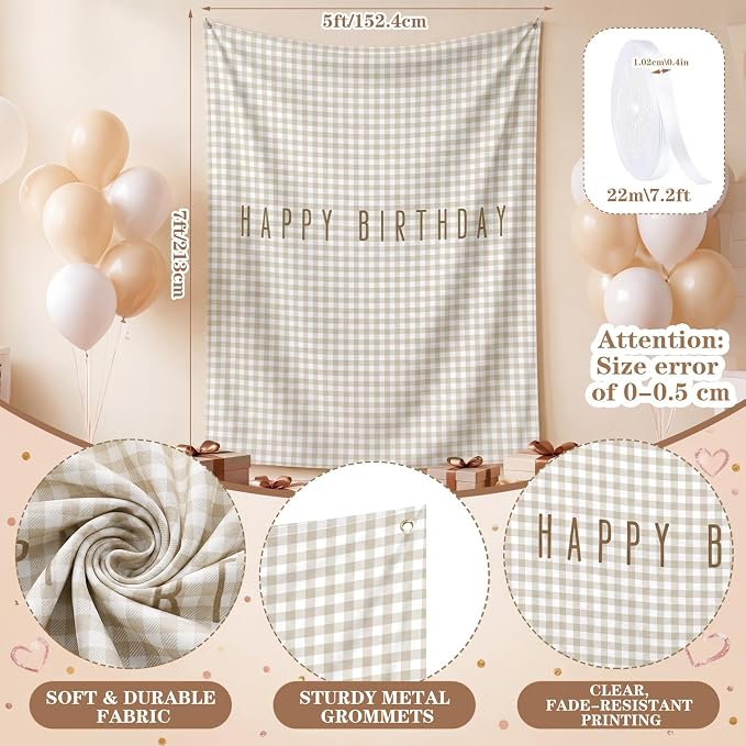 Flutesan 7x5ft Brown Gingham Happy Birthday Backdrop Large Banner Fabric Tapestry Birthday Party Decoration Baby Shower Linen Rustic Background Wall Photo Props Indoor Outdoor