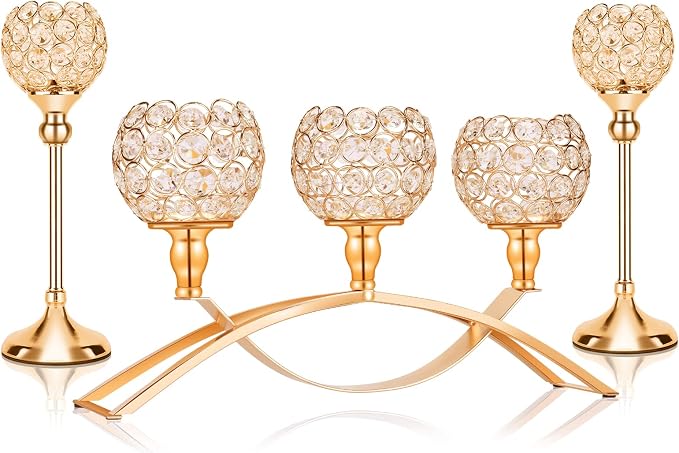 Gold Crystal Tealight Candle Holders Bling Bowl Candelabras 3 Arms Candlesticks Holder with Plastic Candles and Gloves Table Centerpiece Center Pieces Decoration for Wedding Party Anniversary