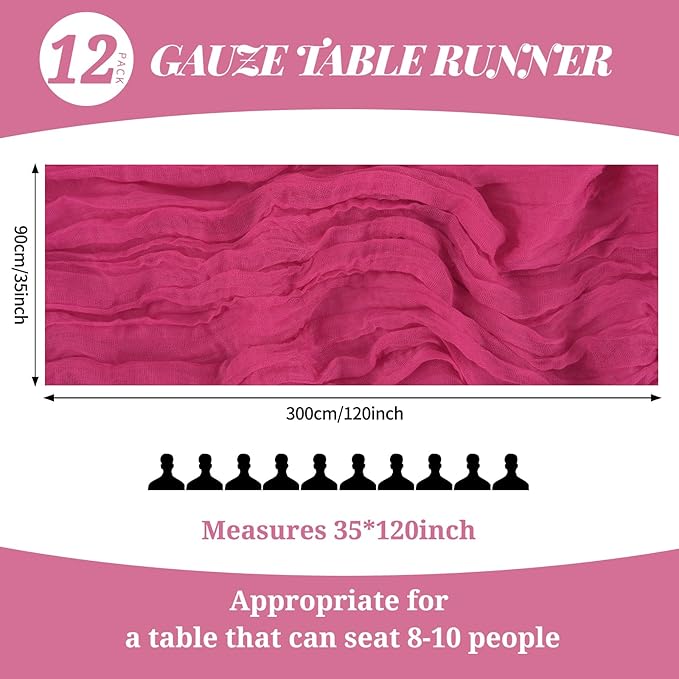 12 Pack 10Ft Hot Pink Cheesecloth Table Runner 35 x 120 inch Boho Gauze Cheese Cloth Table Runner Vintage Rustic Sheer Runners for Wedding Bridal Shower Birthday Party Cake Table Decorations