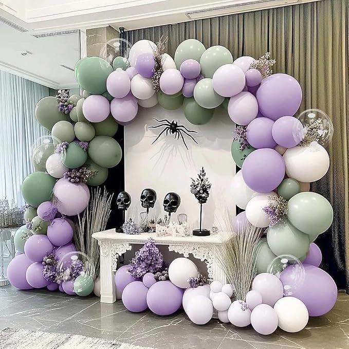 Dusty Green Purple White Balloon Arch Kit Double Stuffed Pastel Purple, Light Sage Green, Lavender Balloon Garland with Clear Bobo for Birthday Baby Shower Wedding Flower Party Decoration