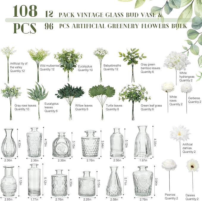 FoldTier 108 Pcs Artificial Flowers in Vase 96 Pcs Faux Greenery Stem Table Centerpiece Fake Plants Silk Roses Arrangement 12 Pcs Glass Vase Sets for Wedding Bathroom Home Dining Decor(Clear)