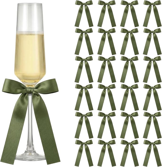 Jingmore 24 Pack Bows for Champagne Glasses Candle Holder 6.7 x 4 Inch Bow Drink Tags Wine Glass Candlestick Ribbon Self Adhesive Name Marker for Wedding Anniversary Party Gift Decor(Olive Green)