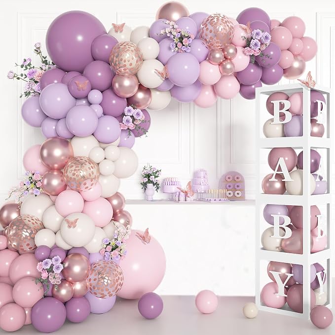 Amandir 153Pcs Purple Baby Shower Decorations for Girl, Double-stuffed Pink Purple Balloon Arch Kit Baby Boxes with Letter Foil Butterfly Balloons Sticker for Birthday Wedding Party Supplies