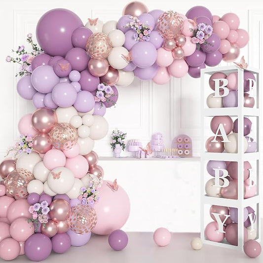 Amandir 153Pcs Purple Baby Shower Decorations for Girl, Double-stuffed Pink Purple Balloon Arch Kit Baby Boxes with Letter Foil Butterfly Balloons Sticker for Birthday Wedding Party Supplies