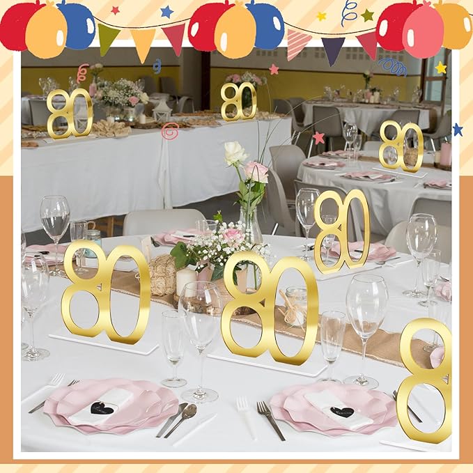 Threehoney 12 Pcs Mirror Gold 80th Birthday Decorations for Men and Women Acrylic Anniversary Decorations Table Numbers Centerpieces for Birthday Party