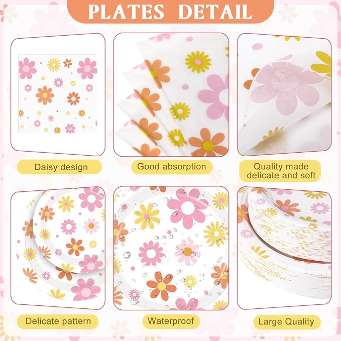 Funnymoom 452 Pcs Groovy Daisy Party Decorations for 50 Guest, Boho Daisy Paper Plates Cups Napkins Tablecloth Cutlery Straws Hippie Tableware Set for Retro Hippie Birthday Baby Shower Party Supplies