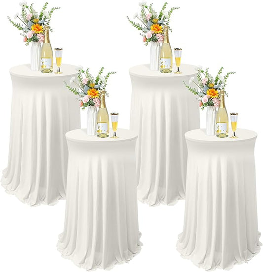 Tegeme 4 Packs Round Spandex Cocktail Tablecloths with Skirt 32 x 43 Inch Cocktail Round Table Cover Spandex Stretch Square Tablecloth Skirt for Table Bar Wedding Party Banquet(Ivory)
