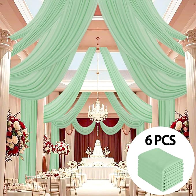 DUOBAO Chiffon Ceiling Drapes 20ft Sage Green Wedding Backdrops Sheer Backdrop Curtains for Reception Wedding Ceremony Sheer Arch Drapes Fabric Event Party Supplies 6 Panels 5×20feet