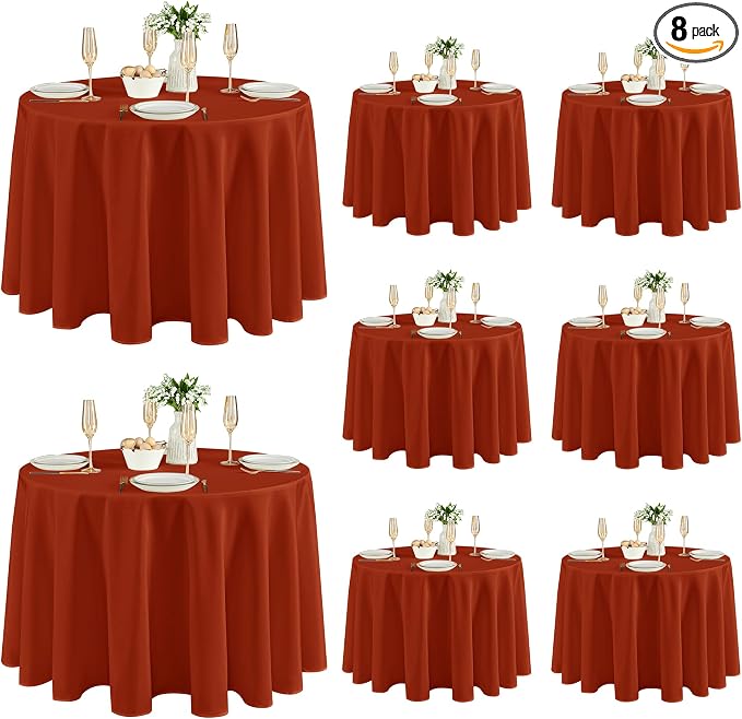 Fitable 8 Pack Round Tablecloths: Stain Resistant Wrinkle Free Circle Table Clothes, Washable Reusable Polyester Table Covers for Wedding Party Birthday Banquet Reception(Rust, 120 Inch)