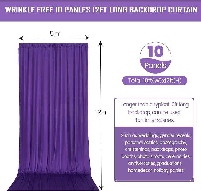 50ftx12ft Purple Backdrop Curtains for Wedding-Wrinkle Free Backdrops Curtain Drapes Fabric Decorations Photo Back Drop Cloth for Baby Shower Photography Stage Reception 10Panels 12ft(H) x 5ft(W)