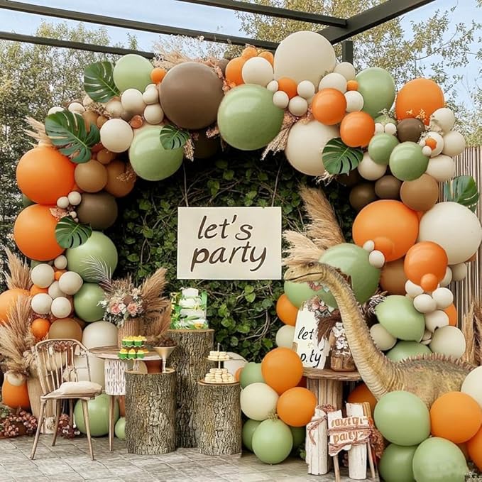 Green Brown Orange Balloon Garland Double Stuffed Sage Green White Sand Cream Balloon Arch Kit for Birthday Baby Shower Dinosaur Woodland Wild One Party Decorations