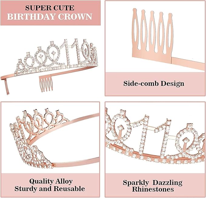 11th Birthday Decorations for Girls, Including 11th Birthday Sash and Tiara, 11 Candles and Cake Toppers, Rose Gold 11 Balloons and 3D Birthday Card, 11th Birthday Gifts for Girls 11 Year Old Birthday Party