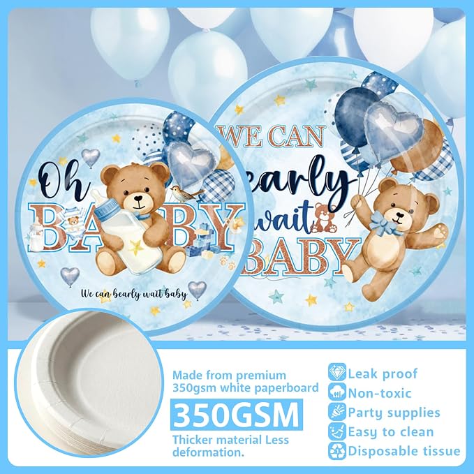 NeoRov 222 Pcs Blue Bear Baby Shower Decorations Tableware Set | Service 25 Guests | Includes Banner, Cake Topper, Balloons, Plates And Napkins Paper Cup | For Boy Baby Shower