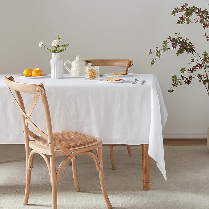 TOSMO 100% French Linen Tablecloth, Washable Farmhouse Rectangle Table Cloth for Kitchen, Dining, Party, Cocktail, Indoor and Outdoor Daily Use(60''x84'',White)