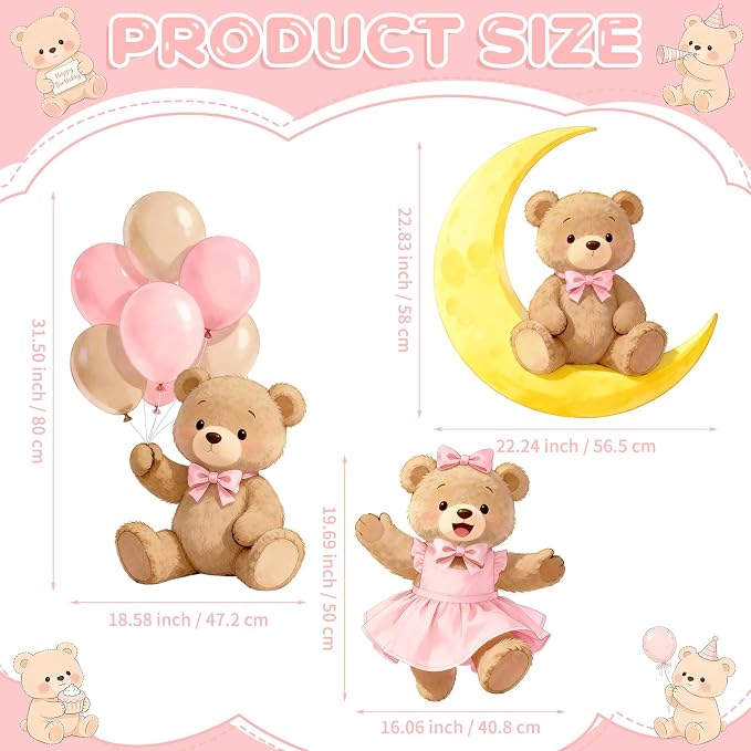 3Pcs Pink Bear Baby Shower Decorations, Large Moon Bear Cardboard Cutout Standup with Yard Stakes & Stands for Girls Bear Birthday Indoor Outdoor Photo Booth Props Cartoon Party Supplies