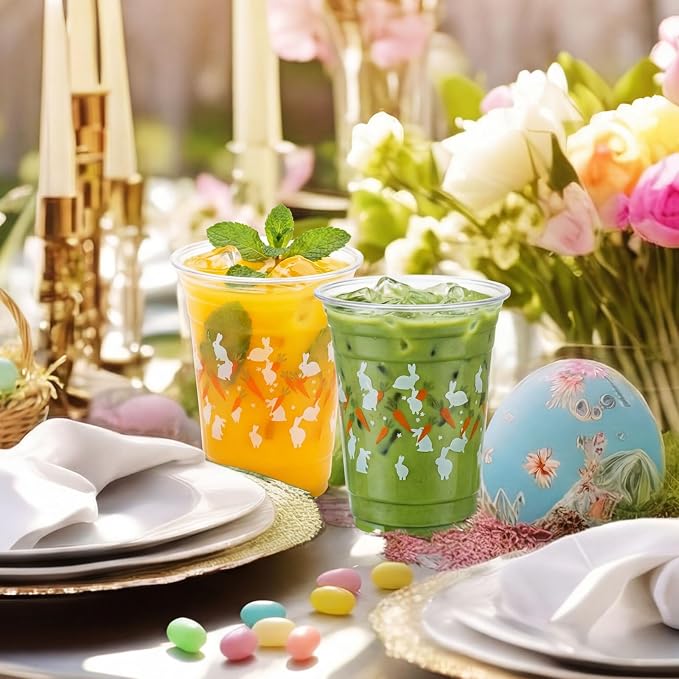100 Pcs Plastic Cups 16 oz Disposable Carrot Bunny Party Cups Bulk Clear Cute Drinkware for Summer Party Supplies Spring Picnic Cold Drinks Snack
