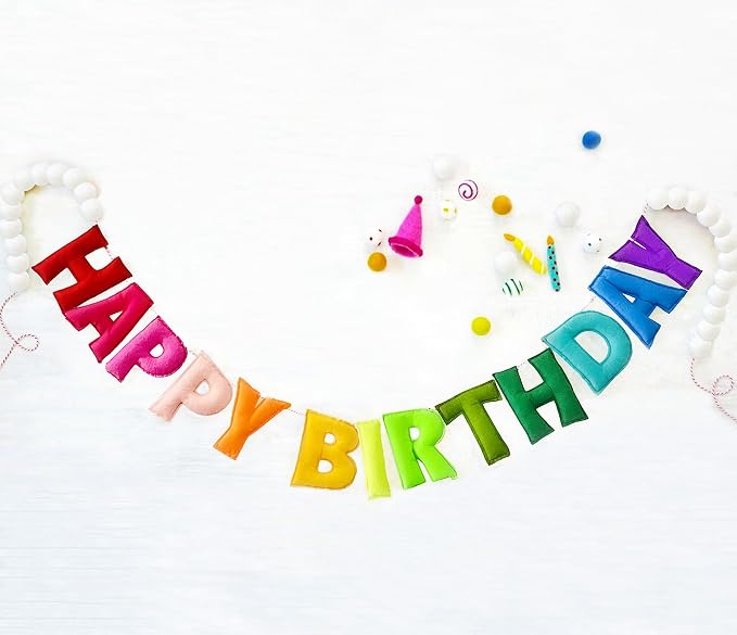 Pre-Strung Happy Birthday Banner - Felt Ball Garland - HAPPY BIRTHDAY Garland, Rainbow Party Decorations, Personalized Birthday Sign for Party Decor,Photo Prop (Birthday Banner Wearing White Balls)