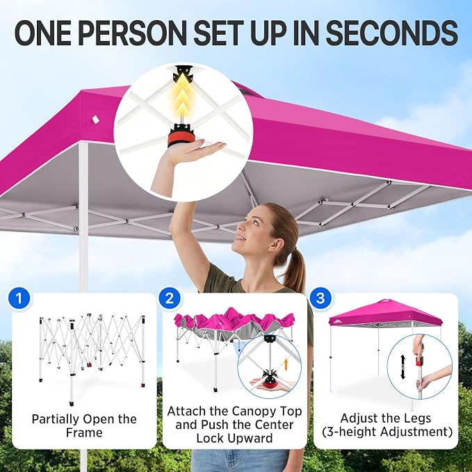 EAGLE PEAK Pop Up Canopy Tent with Wheeled Carry Bag, 8 Stakes, 4 Ropes, Easy Set Up Tent Canopy, 8x8 ft, Pink