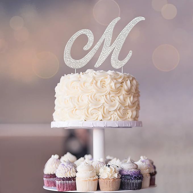 Letter M Cake Topper - Premium Silver Metal - M Monogram Wedding or Anniversary Party Sparkly Rhinestone Initial Decoration Makes a Great Centerpiece - Now Protected in a Box