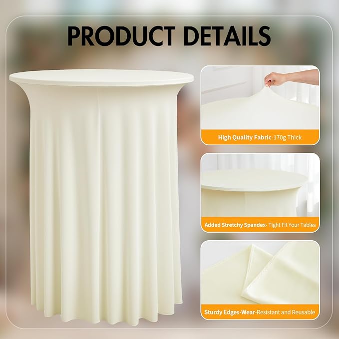 6 pk Ivory Cocktail Table Cloth Round 32×43in-High Top Highboy Bar Cocktail Tablecloths-Wrinkle Free Stretchy Fitted Spandex Table Covers with Ruffle Desk Skirt for Wedding Banquet Party Tables