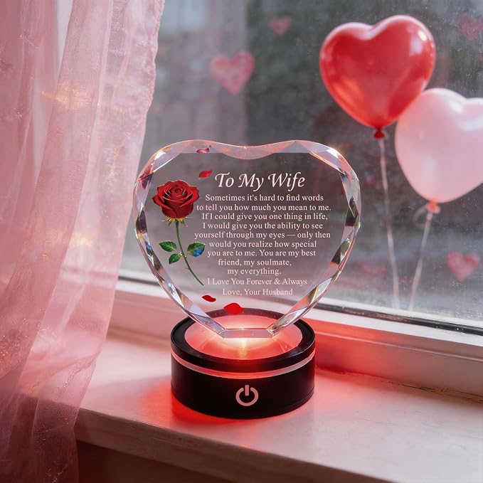 Anniversary and Birthday Gifts for Women Wife, Heart Shaped Crystal Keepsake with Rose and Love Letter Engraving, Color Changing LED Base,Romantic Christmas Valentine's Day Gifts for Wife from Husband (Red Rose - Multicolor LED)