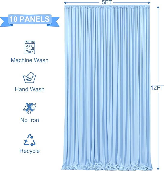 10 Panels Baby Blue Backdrop Curtains for Wedding Party Wrinkle Free Backdrops Curtain Drapes Fabric Decorations Photo Back Drop Cloth for Baby Shower Photography Stage Reception 50ft(W) x 12ft(H)