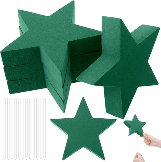 Pangda 6 Pcs Memorial Day Star Shaped Floral Foam Wet Florist Foam Blocks with 12 Pcs Clear Plant Support Stakes for Patriotic 4th of July Red White Blue Flower DIY Table Wall Decor, 8"x 8" x 1.47"