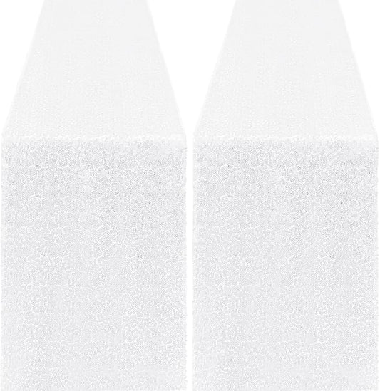 2 Packs 12 x 72 inches Sequin Table Runner, White Glitter Table Runner for Birthday Party Supplies Wedding Engagement Baby Shower Holiday Celebration Event Decorations