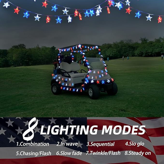 Dirnun 4th of July Decorations Red White and Blue Lights with 40 Led Big Stars, 4th of July Lights for Indoor Outdoor Home Garden Golf Cart Patriotic Theme Memorial Independence Day Decorations