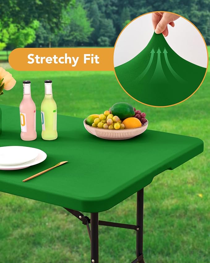KeyWave Fitted Tablecloth Rectangle Table Cloths - 6 Pack 6 Foot Elastic Stretch Folding Table Top Cover Water-Resistant Reusable for Outdoor Picnic Camping Party Event, Green, 72" L x 30" W