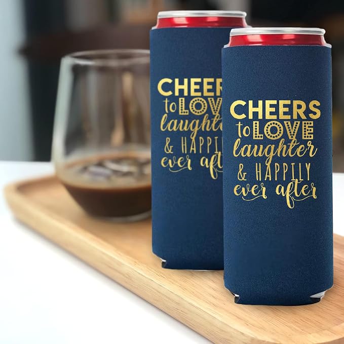 Wedding Can Cooler Decorations Set of 12 - Cheers to Love Laughter and Happily Ever After, Wedding Rehearsal Dinner Decorations - Bridal Showers, Engagement Party Favors for Guests and Supplies