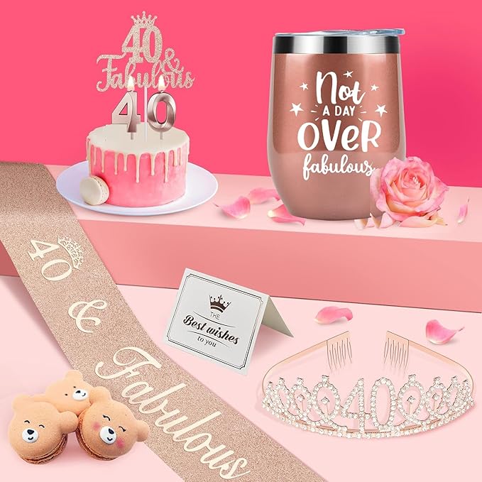 40th Birthday Decorations Gifts for Women Including Crown, Sash, Cake Topper, Candles and 12oz Wine Tumbler with Lid, 40th Birthday Gifts Women