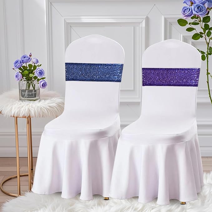 Eternal Beauty Pack of 50 Navy Blue Chair Sashes Band Bows Sequin Chair Sashes for Wedding Cover Decorations
