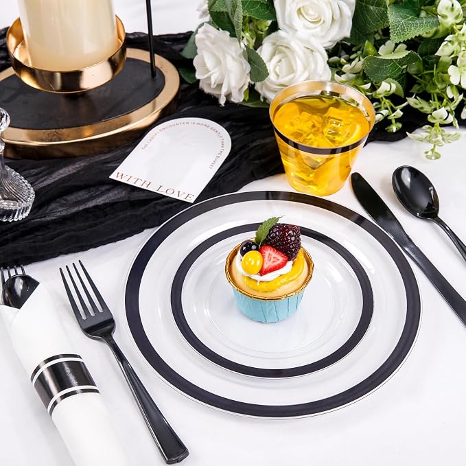 Liacere 350PCS Clear Black 350PCS Disposable Dinnerware Set for 50 Guests- 100 Plastic Plates, 50 Pre rolled Black Silverware,50 Plastic Cups for Wedding & Party & Graduation