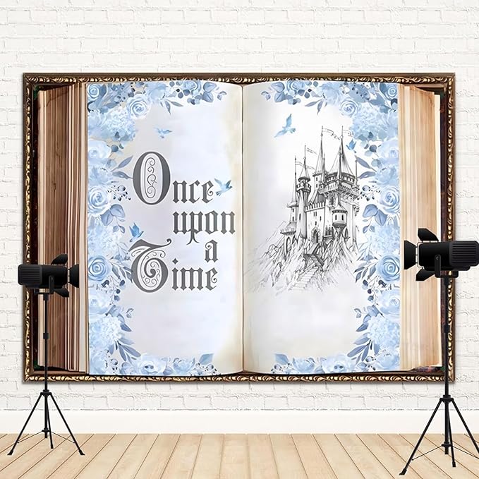 12x10ft Once Upon a Time Backdrop Fairy Tale Storybook Open Book Castle Photography Background for Princess Wedding Birthday Party Baby Shower Photo Booth Props Blue Flower Rose Vintage Decor