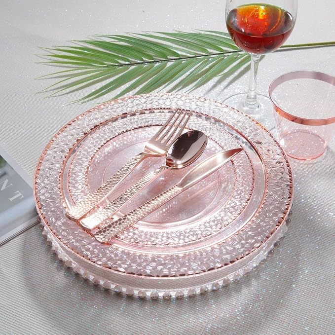Supernal 360pcs Rose Gold Plastic Silverware, Heavy Duty Disposable Cutlery | Hammered Flatware Cutlery (120 Forks, 120 Knives, 120 Spoons) Bulk Pack for Weddings, Birthdays, and Holiday Theme Parties