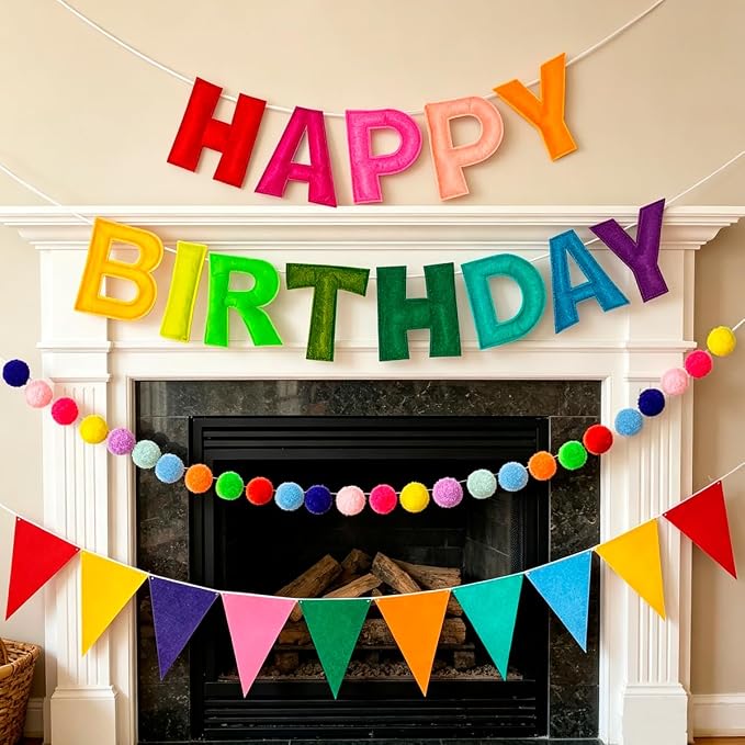 Pre-Strung 3D Rainbow Happy Birthday Banner, 3 PCS Happy Birthday Felt Sign, Pom Pom Garland, Triangle Fabric Bunting, Colorful Reusable Birthday Decorations for Women Men Girls Boys
