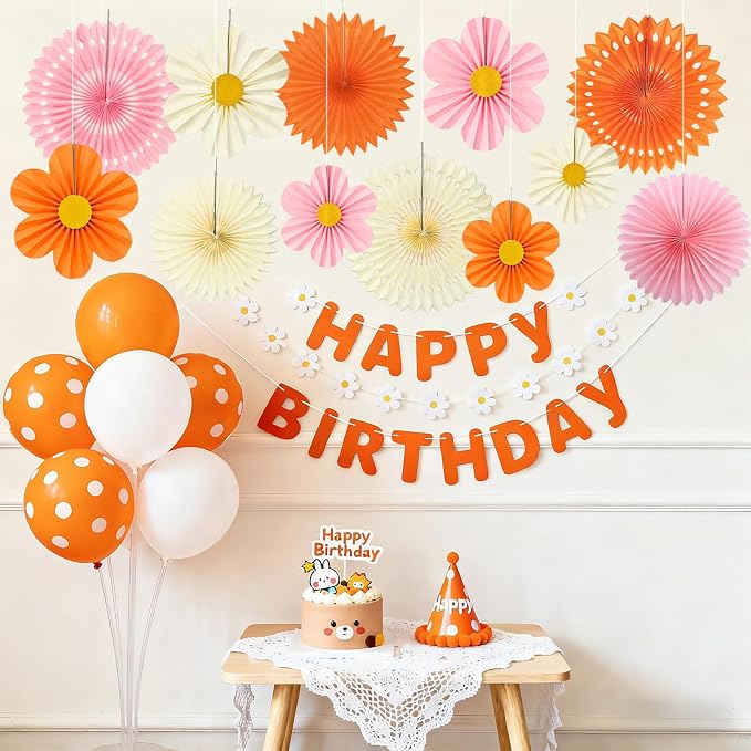 Orange Pink Cream Party Decorations, 12PCS Paper Fans Flowers Wall Backdrop for Little Cutie 1st Birthday, Boho Sunset Baby Shower, Groovy Daisy Wedding & Nursery Decor