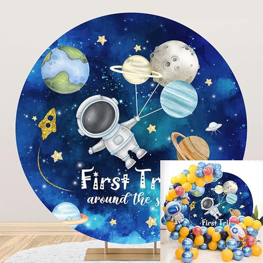 Polyester Diameter 7.5ft First Trip Around The Sun Round Backdrop for Boy Cartoon Astronaut Outer Space Planet Earth Rocket Photography Background Kids 1St Birthday Party Baby Shower Decor