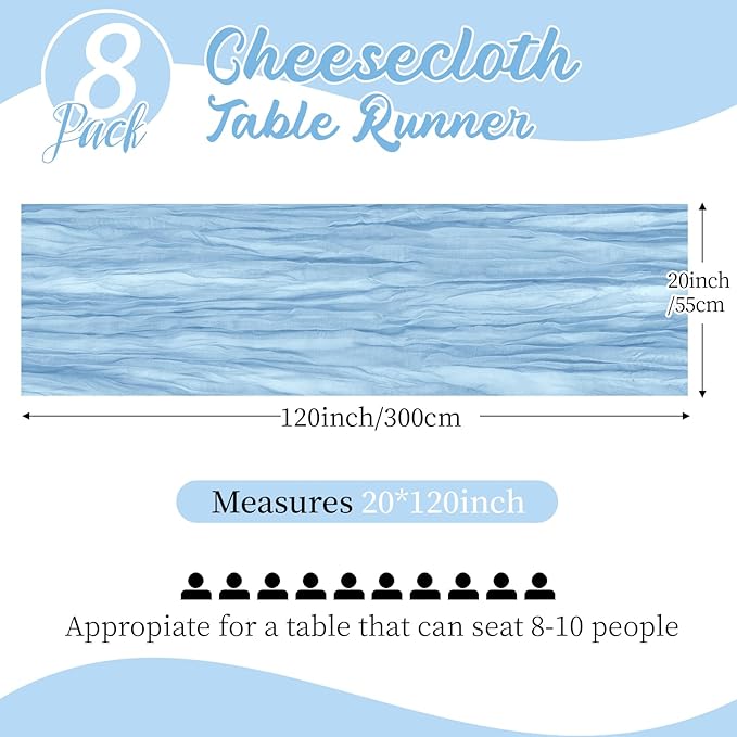 8 Pack Baby Blue Cheesecloth Table Runners 20x120 Inch Gauze Table Runner 10FT Easter Cheese Cloth Table Runner Rustic Sheer Runner for Wedding Baby Shower Birthday Party Table Decor
