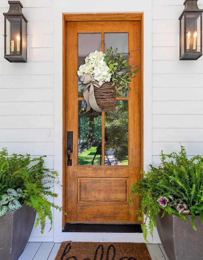 Cream Hydrangea Door Hanger Basket Wreath - Farmhouse Spring Wreath with Wildflowers, Mother's Day Decor, Artificial Rattan Hanging Basket for Porch, Wall, Home Decor