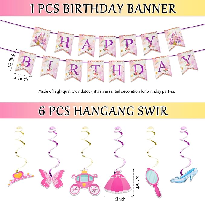 Princess Castle Birthday Party Decorations Set for Girls 3-14 Yrs, with Banner, Backdrop, Balloons, Cake Topper, Cupcake Toppers, Tablecloth, Quick and Easy Setup