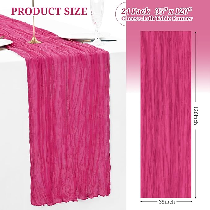 Showgeous 24 Pack Hot Pink Cheesecloth Table Runner, 10FT Long Semi-Sheer Boho or Rustic Gauze Table Runner Wedding Table Decor for Wedding Decor Arch Draping Bridal Shower Holiday Party