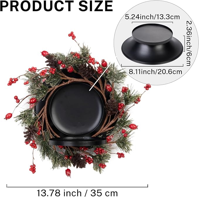 MOYEE Christmas Winter Centerpieces for Tables Candle Ring, Black Metal Candlestick with an Artificial Wreaths 14 in Versatile Dining Table Centerpiece Decor (Pine Needle Wreath)